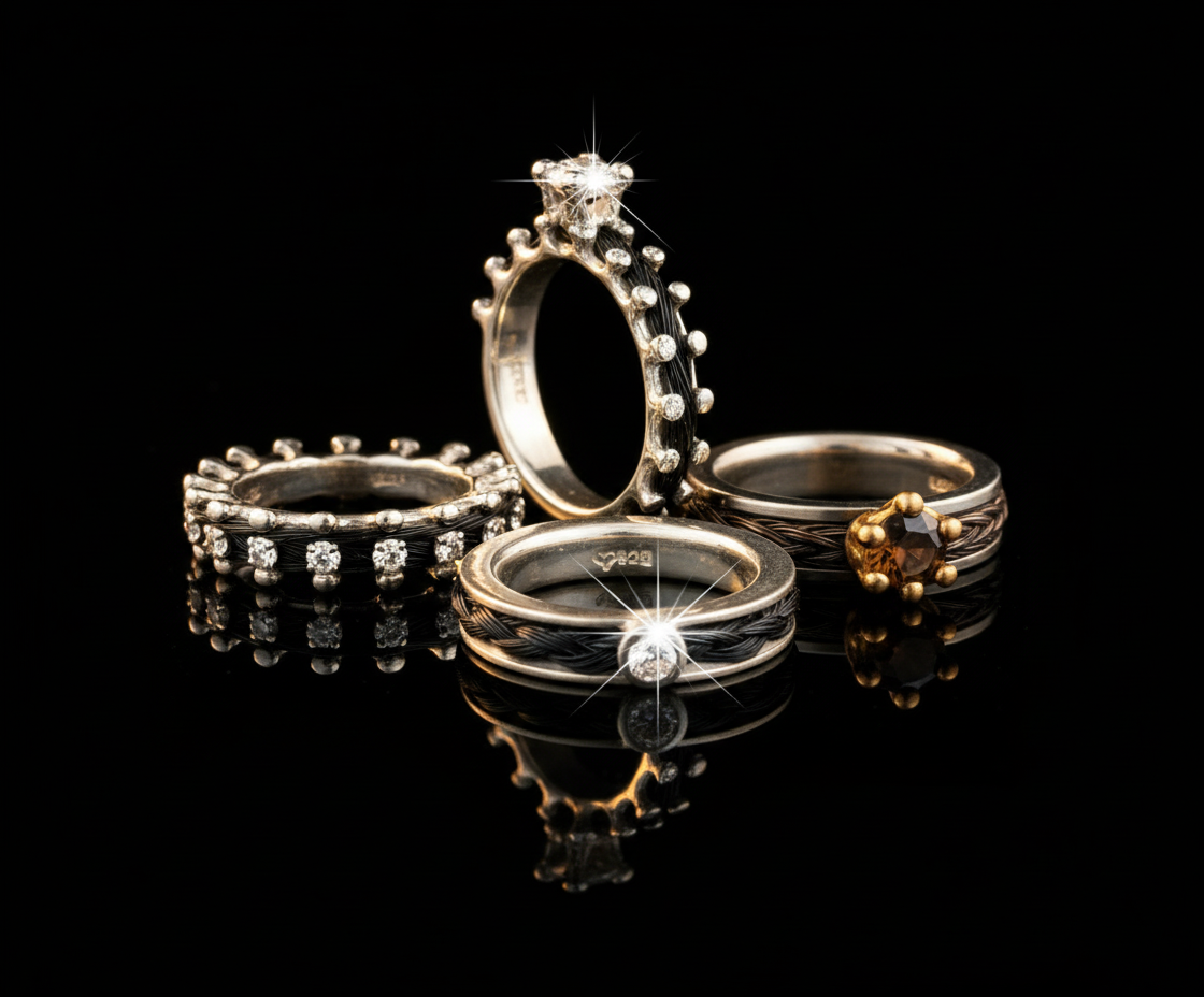 Werbunh Ring aus Pferdehaar mit Sterlingsilber und  Echtgold mit Edelsteinen