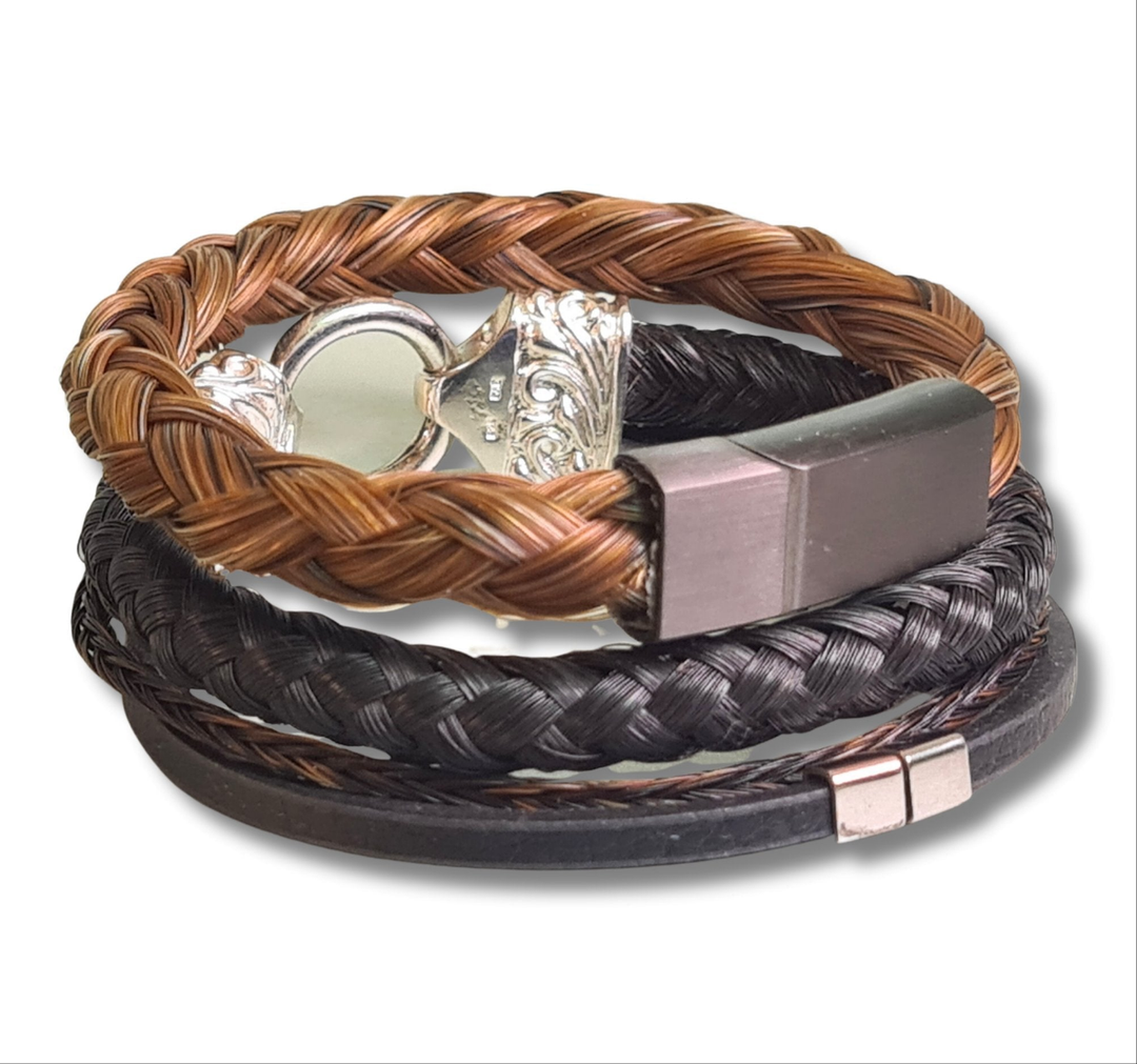 Pferdehaararmband mit Leder - 925 Sterling Silber Endkappen