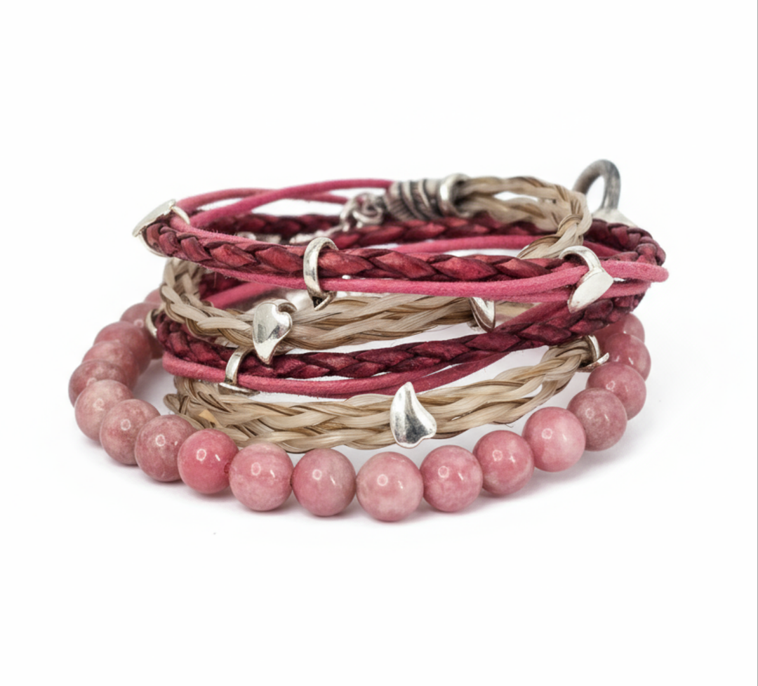 Armband-Set Rosa-Bordeaux mit Pferdehaar, Edelstein-Perlen und Silber - 4-teiliges handgefertigtes Set - Pferdehaararmband Cavallin 
