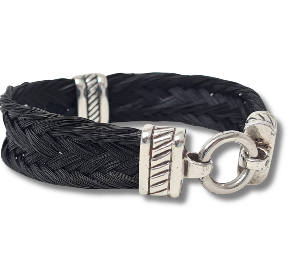 Pferdehaararmband - Cavallin Geschwärzte Silberendkappen Sterlingsilber 925 Nur Pferdehaar geflochten, flach