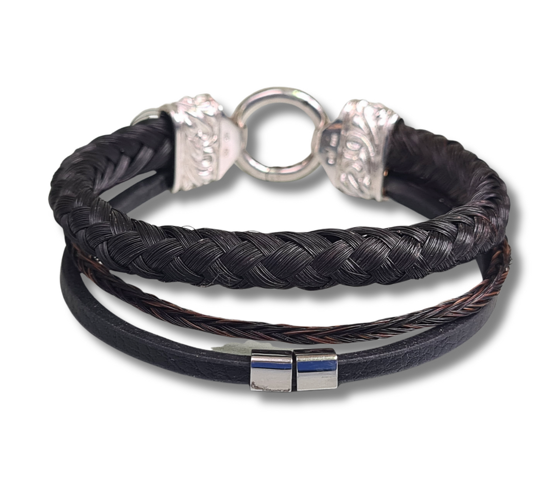 Pferdehaararmband mit Leder - 925 Sterling Silber Endkappen