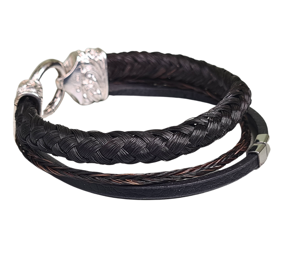 Pferdehaararmband mit Leder - 925 Sterling Silber Endkappen
