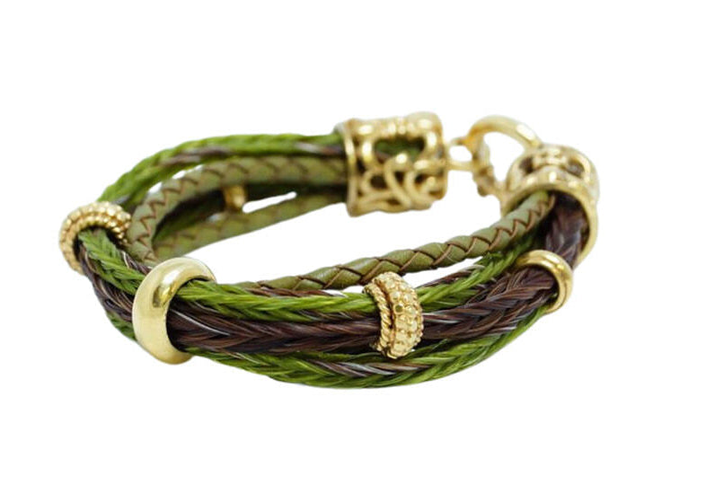 Ihr Luxus Pferdehaar-Armband in Grün & Braun, Gelbgold