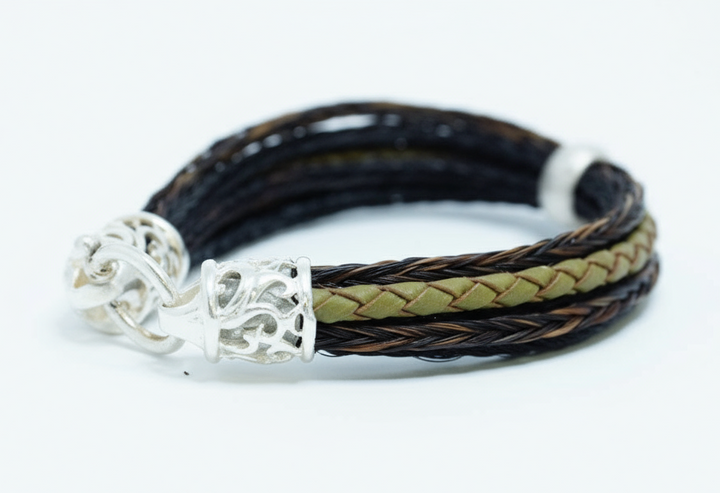 Mehrsträngiges Pferdehaar-Armband mit Sterling Silber 925 - Olivgrün, Braun & Schwarz.