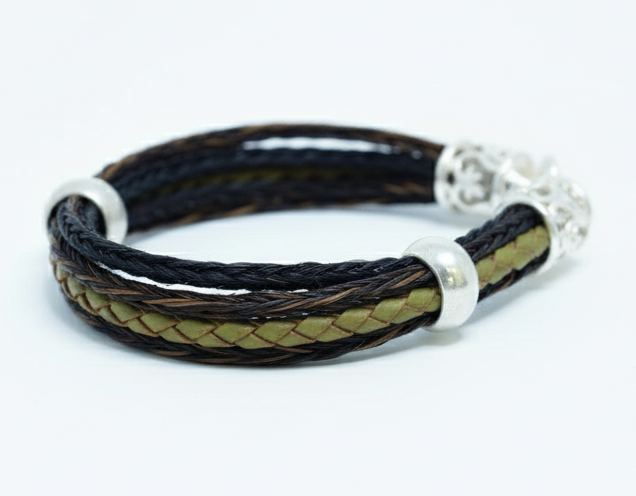 Mehrsträngiges Pferdehaar-Armband mit Sterling Silber 925 - Olivgrün, Braun & Schwarz.
