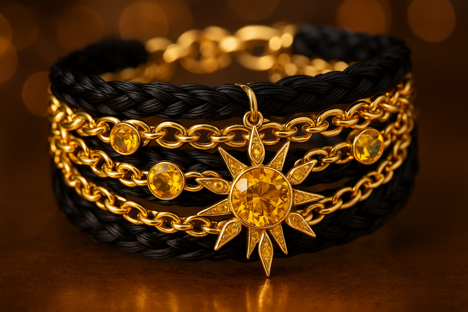 Pferdehaararmband mit Citrin und vergoldeten Ketten und Endkappen. - Werbung