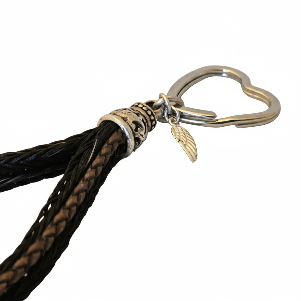 Schlüsselanhänger mit geflochtenem Pferdehaar und Leder kombiniert mit Sterlingsilber 925er und Charmanhänger Engelsflügel