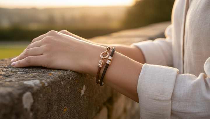 Schmuck aus Pferdehaar und Roségold vergoldeten Endkappen mit Leder. Cavallin - Golden Hour Detail