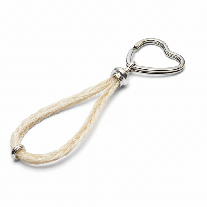 Weisser Schlüsselanhänger mit einem Strang Pferdehaar