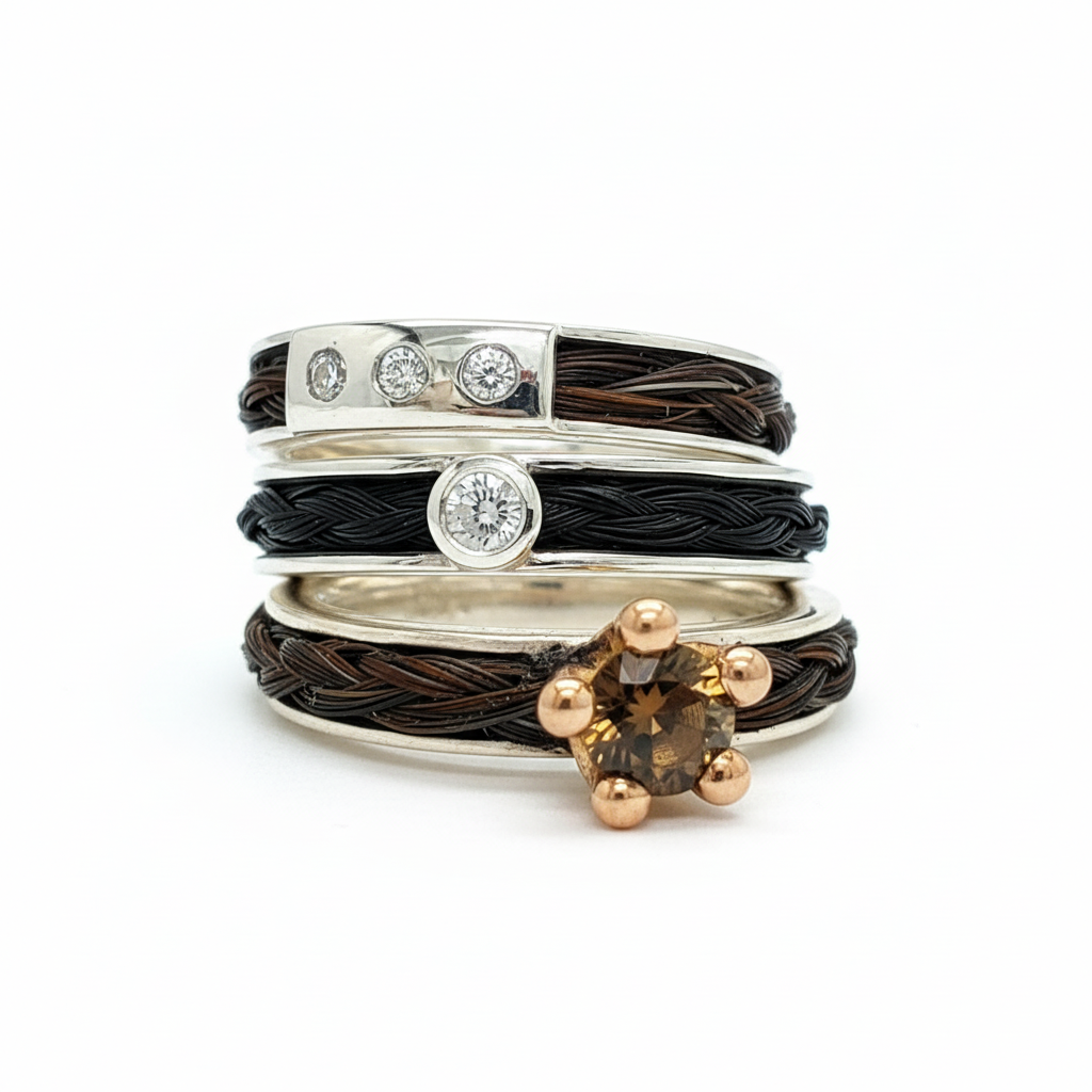 Ringe aus Pferdehaar mit Rauchquarz und echtem Rotgold - Schweifhaar - Pferdehaarschmuck Cavallin Schweiz