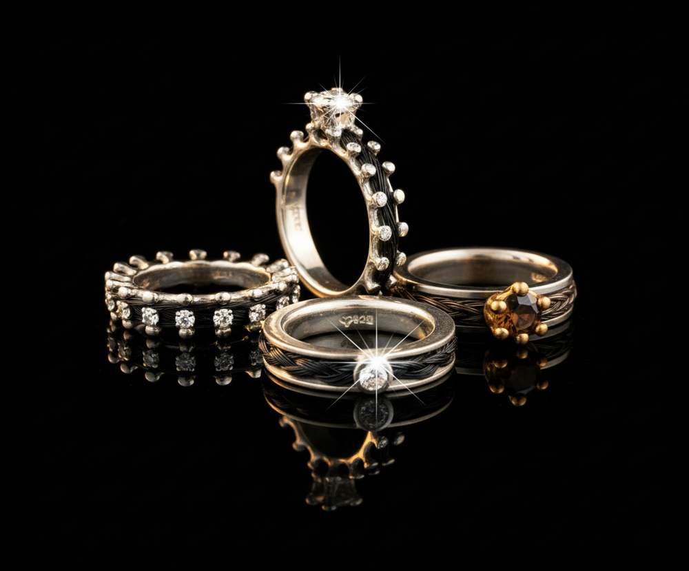 Ringe aus Pferdehaar mit Rauchquarz und echtem Rotgold - Schweifhaar - Pferdehaarschmuck Cavallin Schweiz