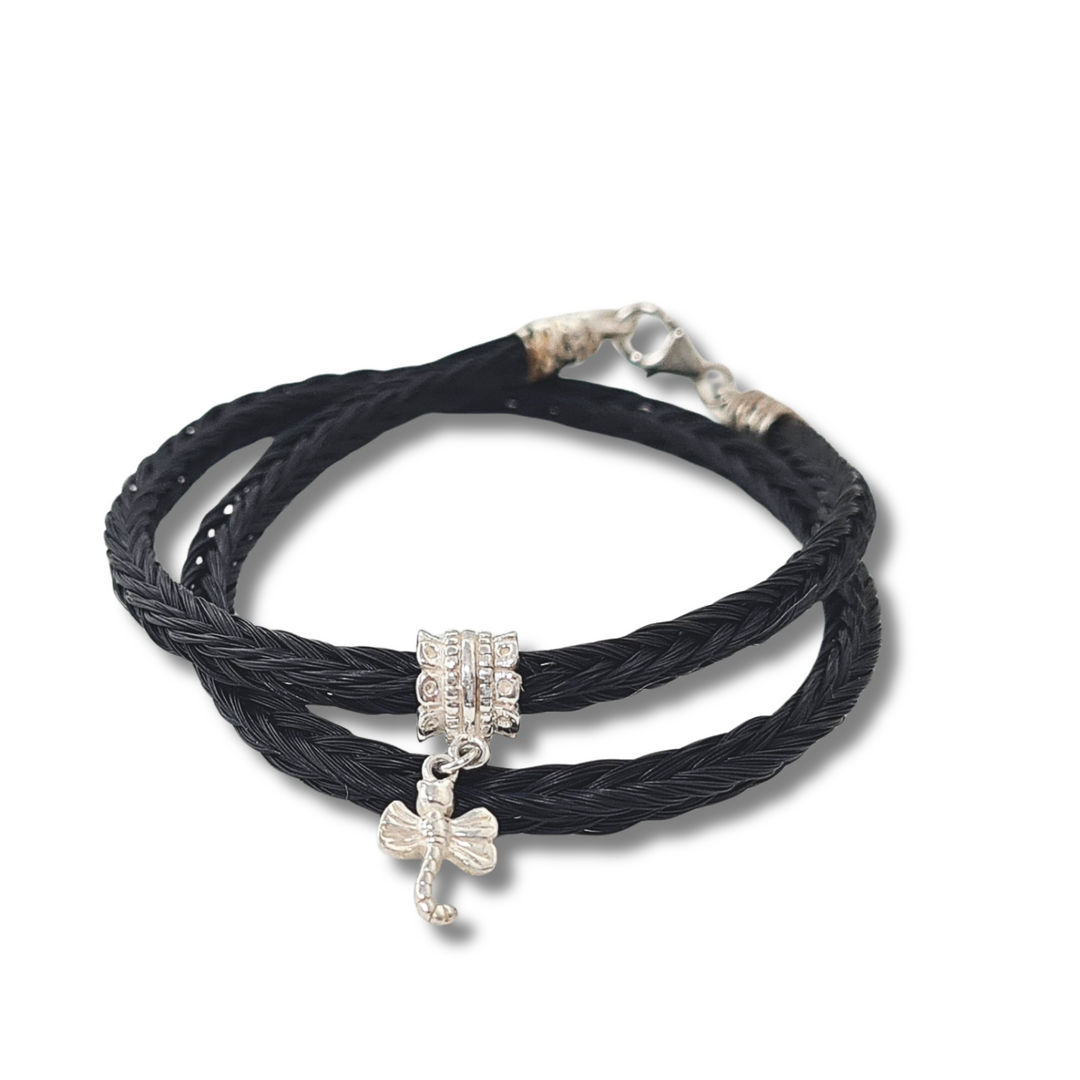 Wickelarmband Schwarz mit Libellen-Anhänger - Sterling Silber