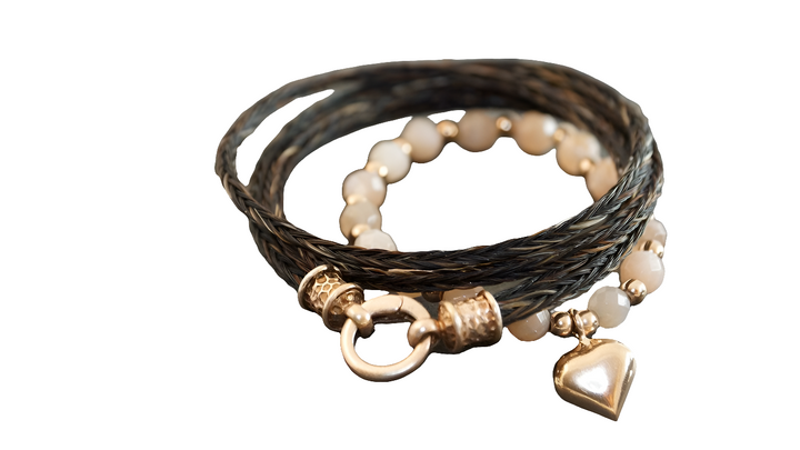 Wickelarmband Pferdehaar Braun-Grau - Rosegold vergoldet mit Herz