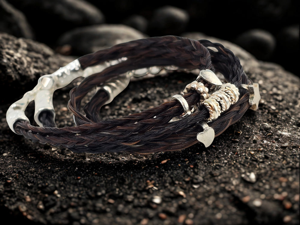 Wickelarmband aus schwarzem Schweifhaar und Sterlingsilber Verschluss- Pferdehaararmband 