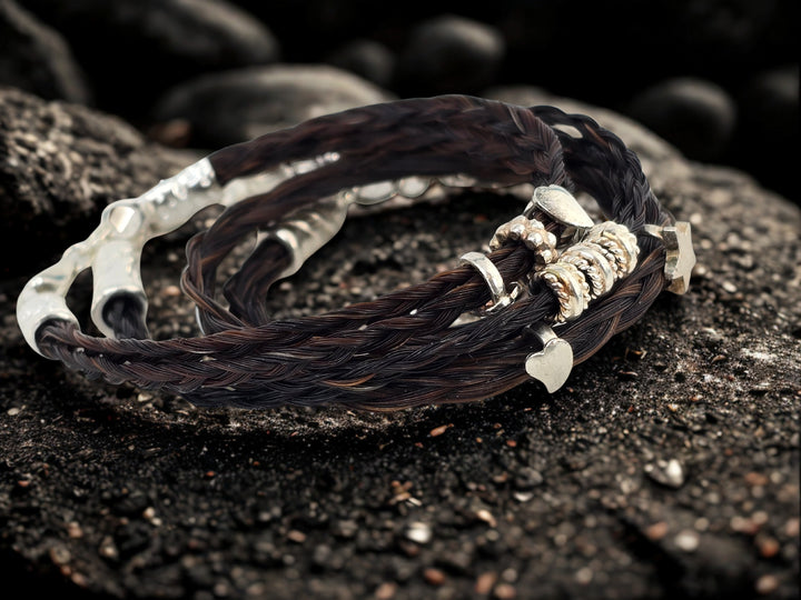 Wickelarmband aus schwarzem Schweifhaar und Sterlingsilber Verschluss- Pferdehaararmband 