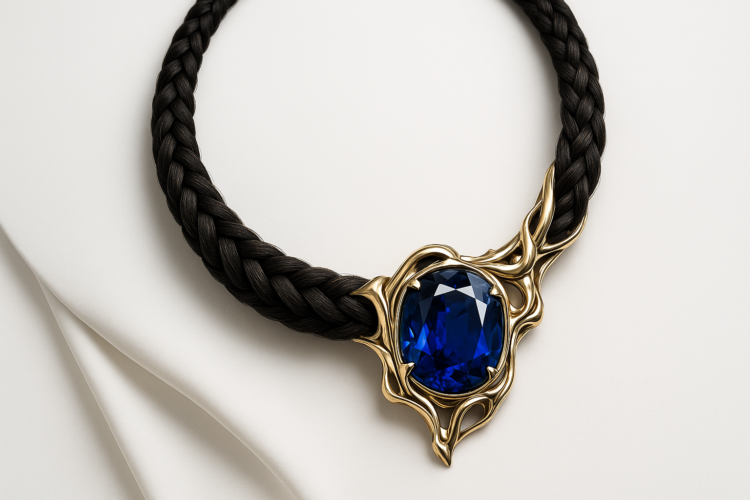 Designer-Halskette mit Saphir und dickem Pferdehaar-Geflecht Halskette aus Pferdehaar 