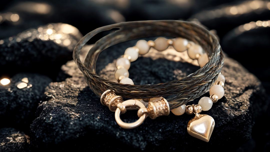 Wickelarmband Pferdehaar Braun-Grau - Rosegold vergoldet mit Herz