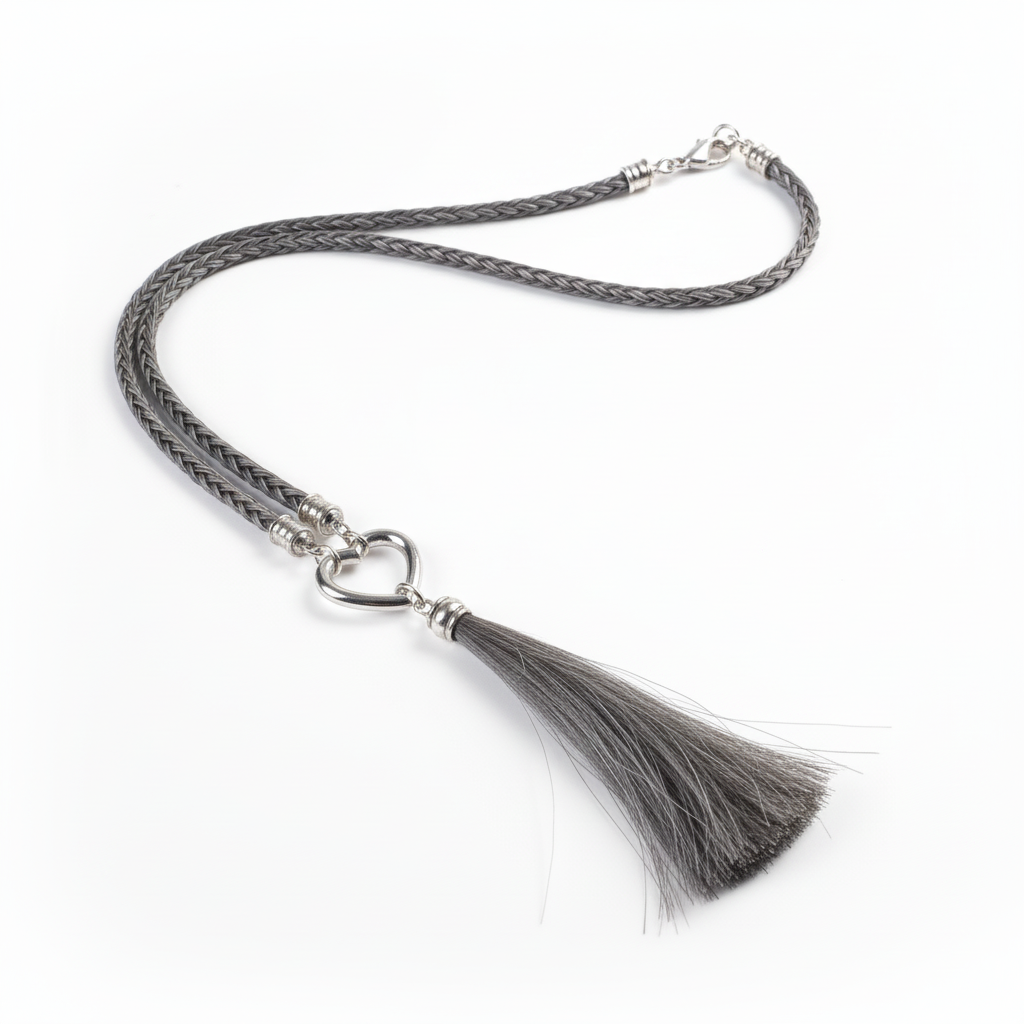 Halskette mit grauem Rosshaar und Weissgold