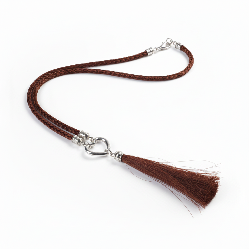 Halskette mit rotbraunem Rosshaar und Weissgold