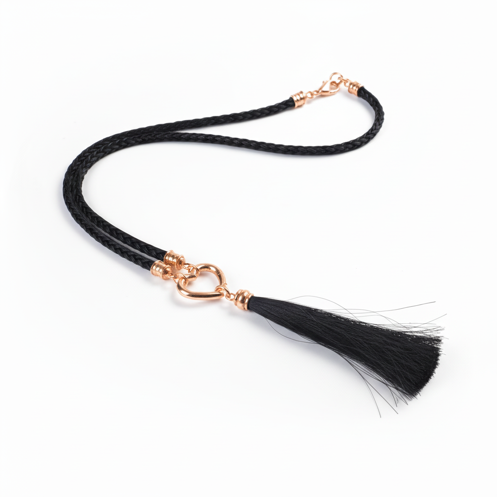 Halskette mit schwarzem Rosshaar, Roségold und kurzer Quaste