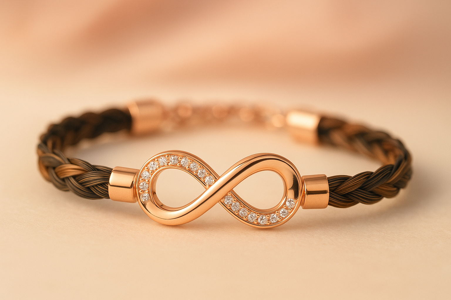 Pferdehaararmband mit Zirkoniadiamanten und Infinity in Rosegold vergoldet 