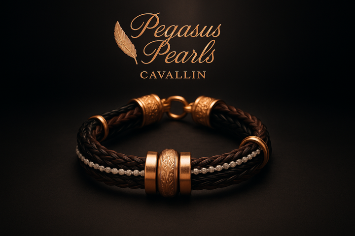 Mehrstrangiges Pferdehaararmband mit roségold vergoldetem Pferdekopf-Klickverschluss, Ledersträngen in Perlmutt und Weinrot, und kupferbedampften Hämatit-Perlen"