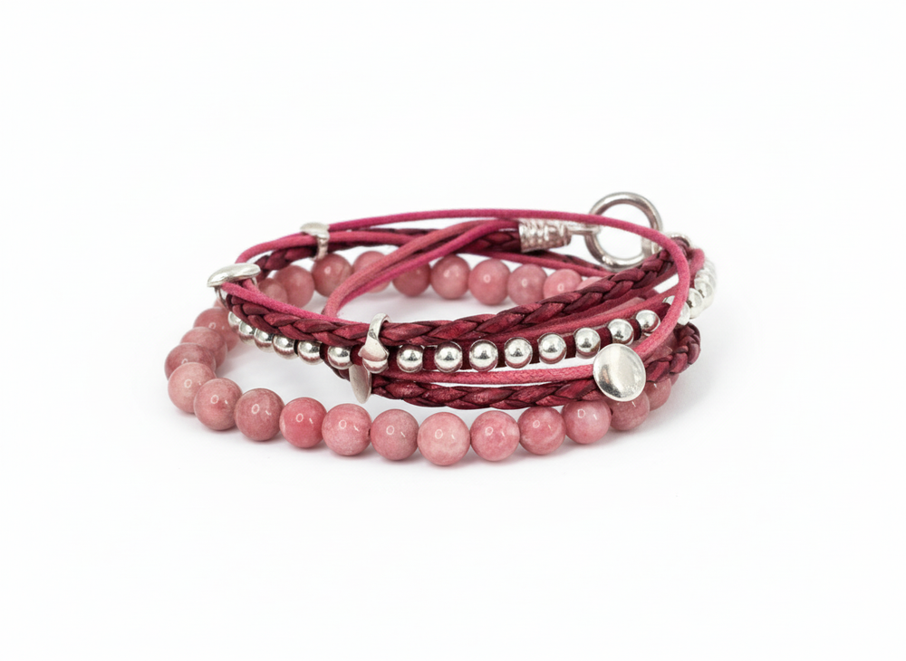 Armband-Set Rosa-Bordeaux mit Edelstein-Perlen und Silber - 4-teiliges handgefertigtes Set - Pferdehaararmband Cavallin 
