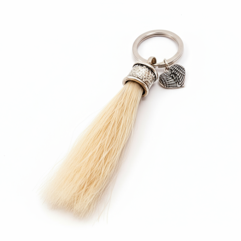 Pferdehaartassel weisses Pferdehaar als Schlüsselanhänger mit Flügelherz geschwärztes Sterlingsilber 925
