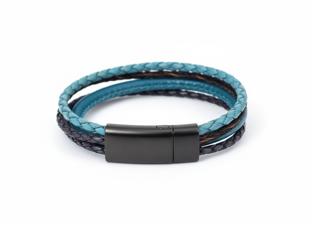 Türkises Lederarmband mit Pferdehaar und Edelstahl Magnetverschluss