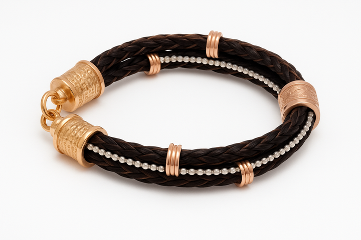 Mehrstrangiges Pferdehaararmband mit roségold vergoldetem Pferdekopf-Klickverschluss, Ledersträngen in Perlmutt und Weinrot, und kupferbedampften Hämatit-Perlen"