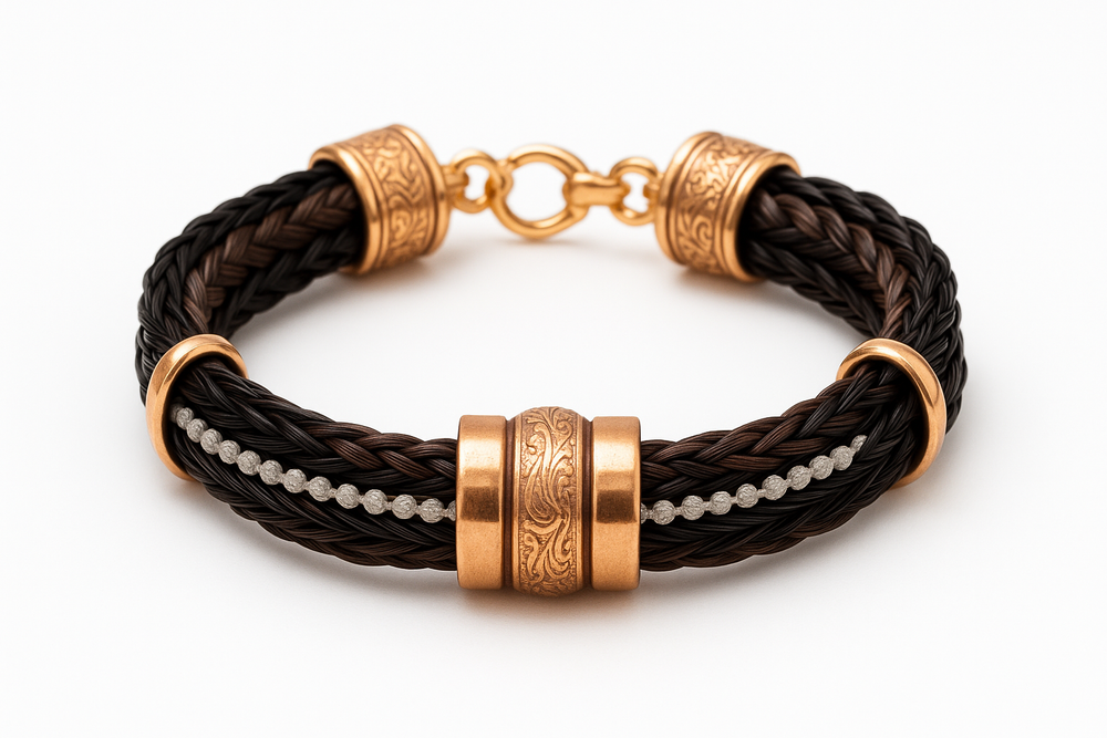 Mehrstrangiges Pferdehaararmband mit roségold vergoldetem Pferdekopf-Klickverschluss, Ledersträngen in Perlmutt und Weinrot, und kupferbedampften Hämatit-Perlen"