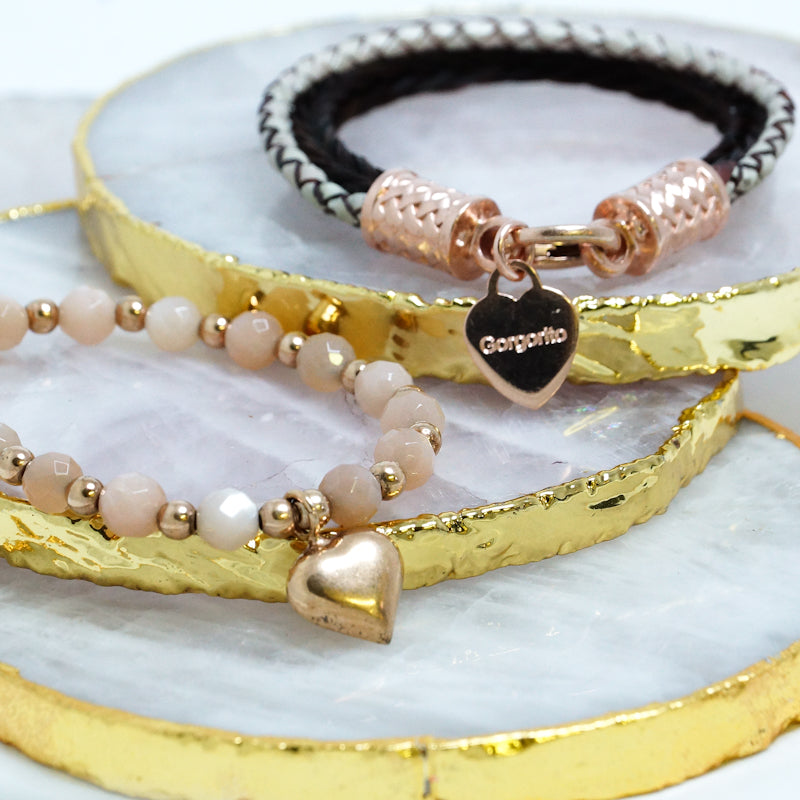 Exquisites Steinbesetztes Armband aus Rosequarz mit Rosegoldenen Herzanhäng Pferdehaararmband mit Leder