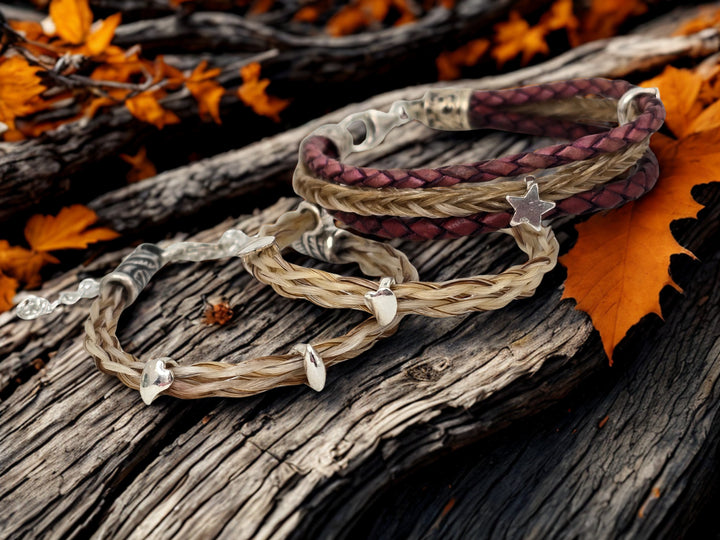 Geschwister-Set aus Pferdehaarammbändern und Schmuckperlenkettchen für Kinder 6-14 Jahre mit passenden Charms - Pferdehaararmband - Schweifhaarschmuck Cavallin