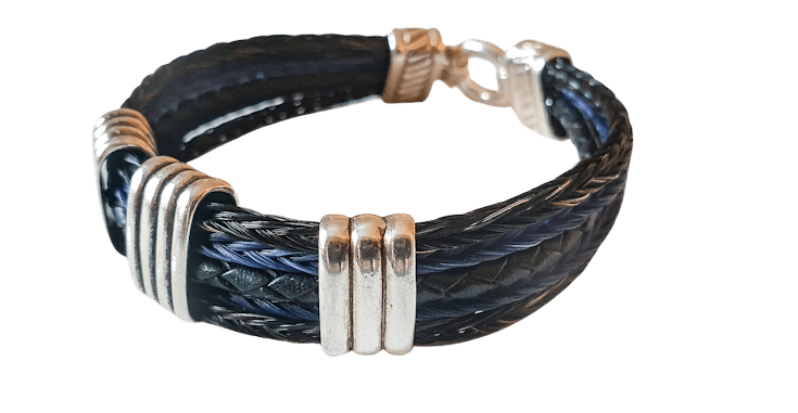 Pferdehaararmband- Extravagantes Pferdehaararmband mit Silberendkappen und Lederstrang