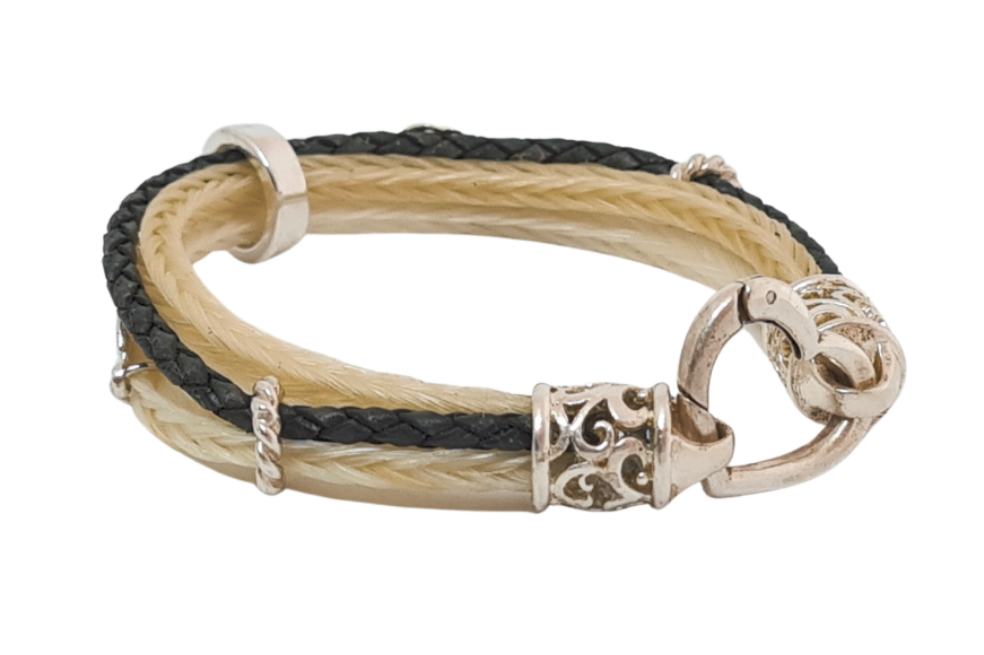 Pferdehaararmband weiss mit grauem Lederstrang und Sterlingsilber 925 M: 17cm