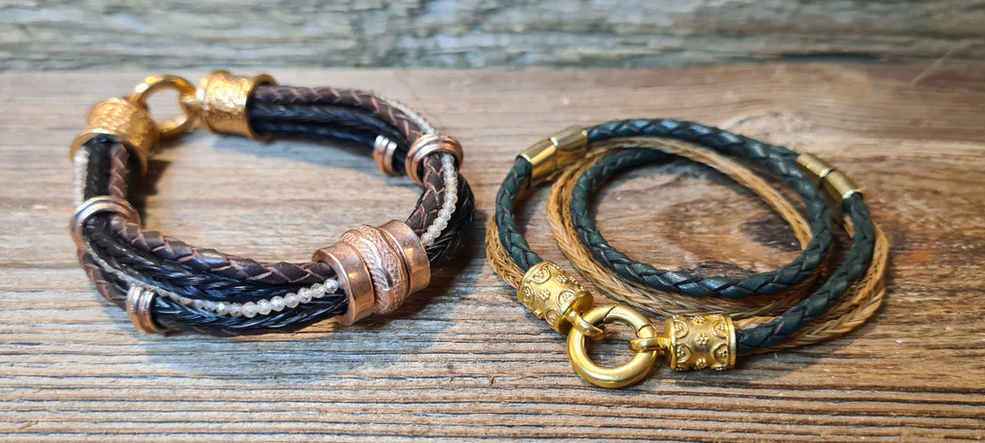 Wickelarmband mit Pferdehaar und Leder kombiniert in Gelbgold